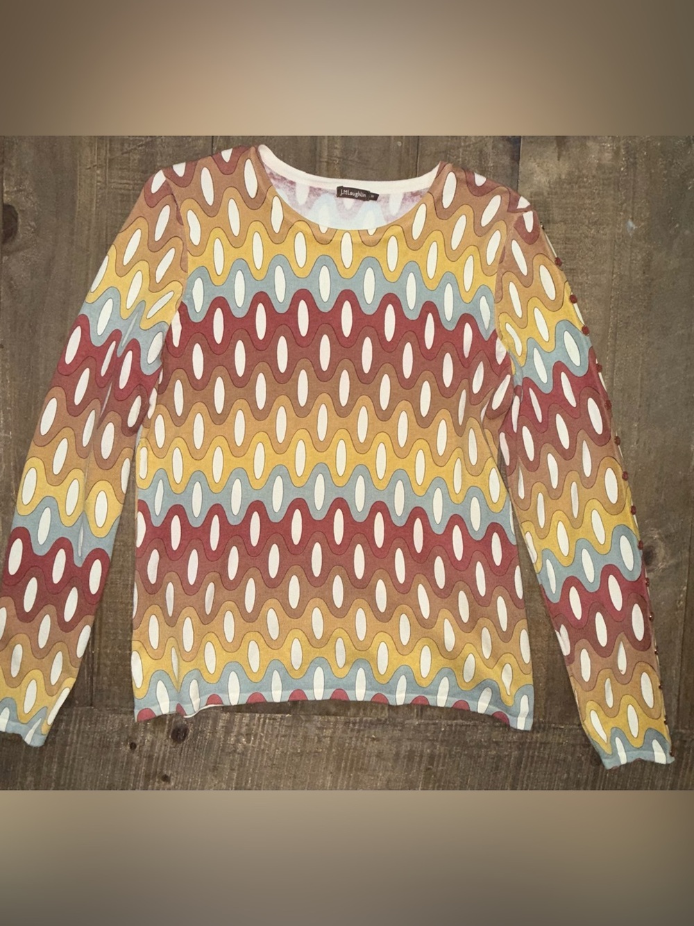 J.McLaughlin Retro Geometric Crewneck Button Sleeve Knit Sweater Top Medium M